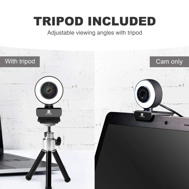 VITADE Streaming Webcam 1080P, 960A HD Web Camera USB Web Cam for Gaming Conferencing Video Chatting Mac Windows Desktop Computer Laptop Wide Angle Webcam with Ring Light & Microphone & Tripod - Image 2